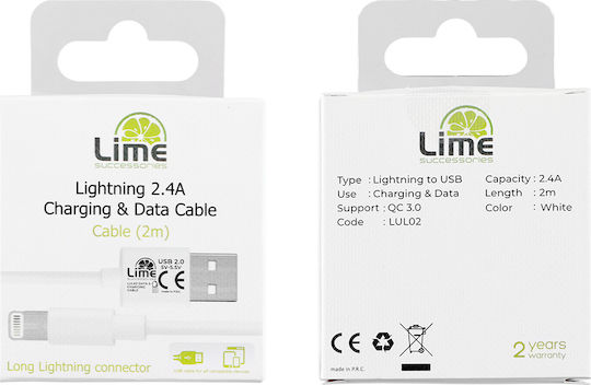 Lime LUL02 Редовна USB-A към Lightning кабел Бял 2м (65304)