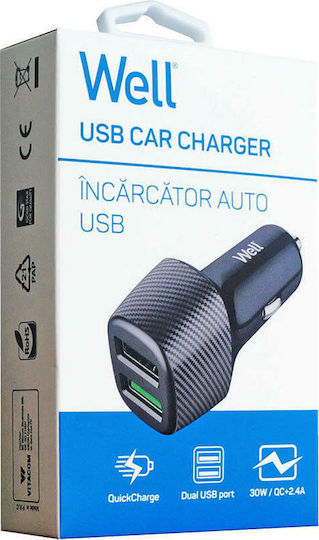 Well Auto-Ladegerät 18W 2.4A Schnellladung mit Anschlüssen: 2xUSB Schwarz Farbe