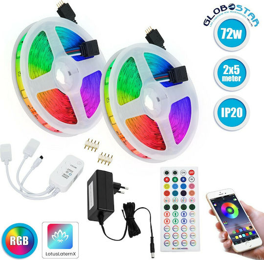 GloboStar Smart Ταινία LED Wi-Fi 12V RGB Φως 2x5m Τύπου SMD5050 με Τροφοδοτικό, Τηλεχειριστήριο & WiFi Controller