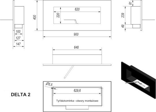 Kratki Delta 2 Qube Tuv Επιτοίχιο Τζάκι Βιοαιθανόλης Εσωτερικού Χώρου Μαύρο 90x14.7x40cm