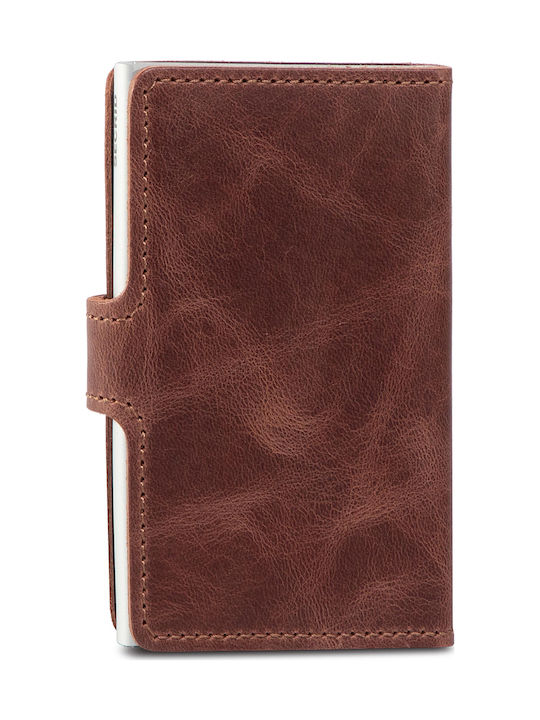 Miniwallet Vintage Δερμάτινο Ανδρικό Πορτοφόλι Καρτών με RFID και Μηχανισμό Slide Καφέ/Ασημί