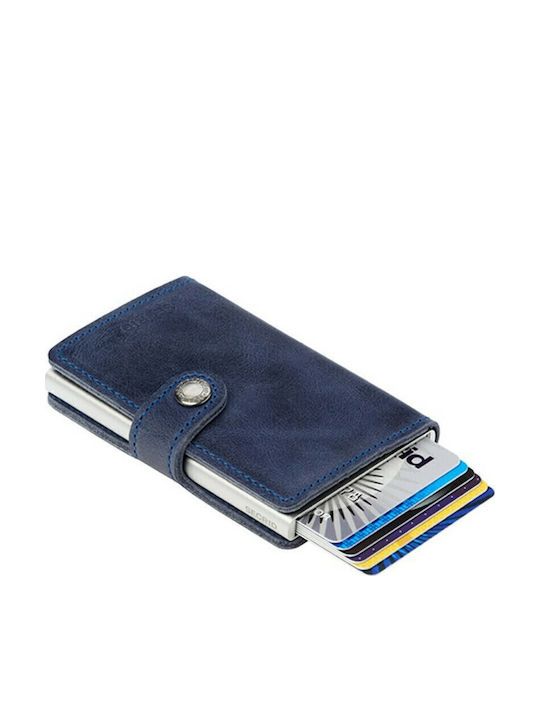 Miniwallet Vintage Δερμάτινο Ανδρικό Πορτοφόλι Καρτών με RFID και Μηχανισμό Slide MV-Blue