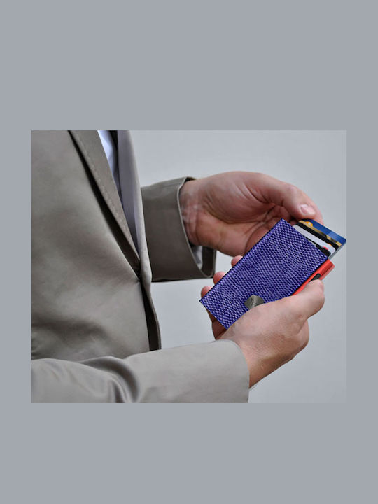 Click & Slide Δερμάτινο Ανδρικό Πορτοφόλι Καρτών με RFID και Μηχανισμό Slide Μπλε