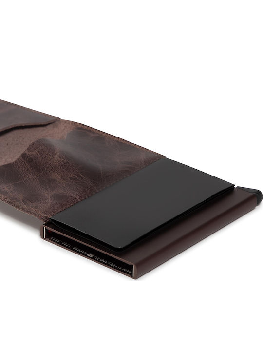 Miniwallet Vintage Δερμάτινο Ανδρικό Πορτοφόλι Καρτών με RFID και Μηχανισμό Slide Καφέ
