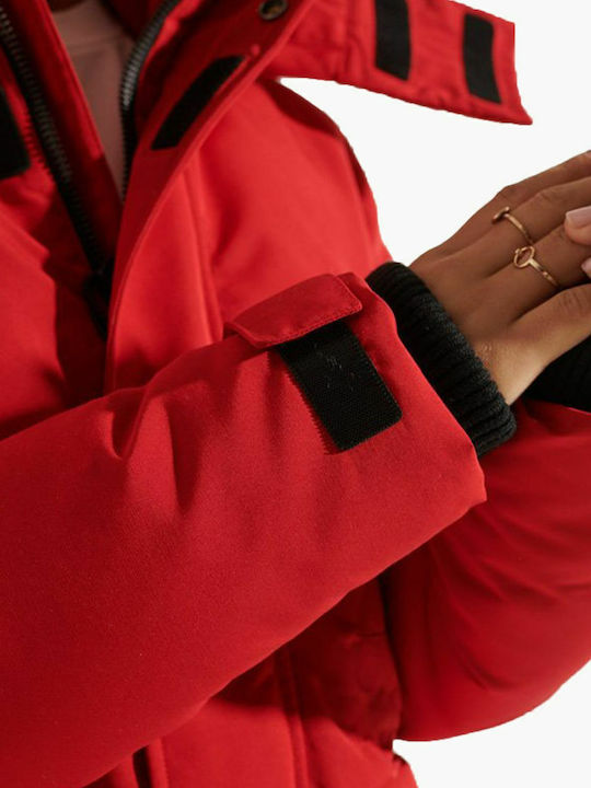 Code Everest Women's Long Parka Jacket for Winter with Detachable Hood Red