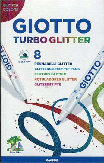 Giotto Turbo Glitter Μαρκαδόροι Ζωγραφικής 2.8mm Λεπτοί, Πλενόμενοι, με Glitter Σετ 8 χρώματα