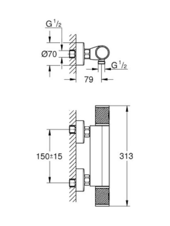 Grohe Grohtherm 1000 Performance Αναμεικτική Μπαταρία Ντουζιέρας Θερμοστατική Ασημί