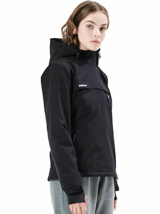 Women's Short Sports Jacket Waterproof and Windproof for Winter with Hood Black