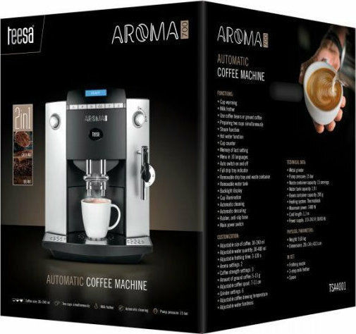Teesa Aroma 700 Automatic Espresso Coffee Machine 1400W Pressure 15bar with Grinding Mill Silver TSA4001