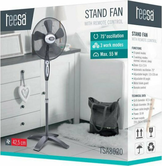 Teesa Ανεμιστήρας Ορθοστάτης 55W Διαμέτρου 38cm με Τηλεχειριστήριο Ασημί