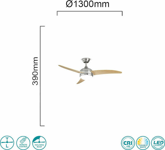 Perenz Ship Ανεμιστήρας Οροφής 130cm με Φως Metal Satin Chrome