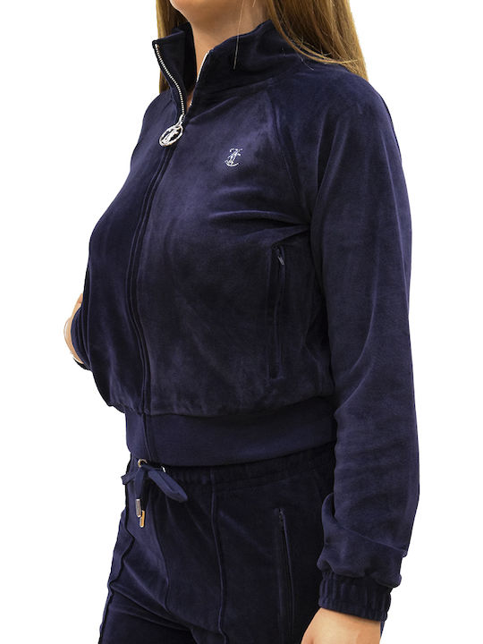 Damen Sweatshirtjacke Samt Marineblau