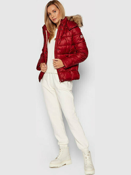 June Women's Short Puffer Jacket for Winter with Hood Red
