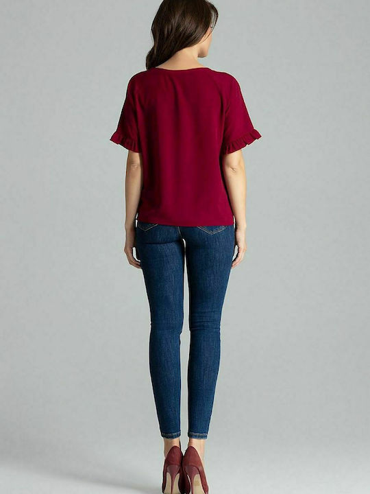 Lenitif L052 Women's Summer Blouse Short Sleeve Burgundy