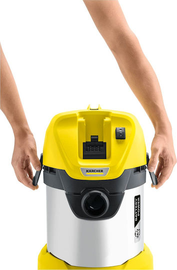 Karcher WD 3 Battery Premium Aspirator Reîncărcabil Lichide / Solide Fără Încărcător și Baterie cu Inoxidabil Recipient 17lt