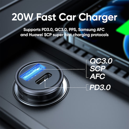 Joyroom C-A43 Автомобилен Зарядно Устройство 20W 3A Бързо Зареждане с Портове 1xUSB-A 1xType-C Сив Цвят