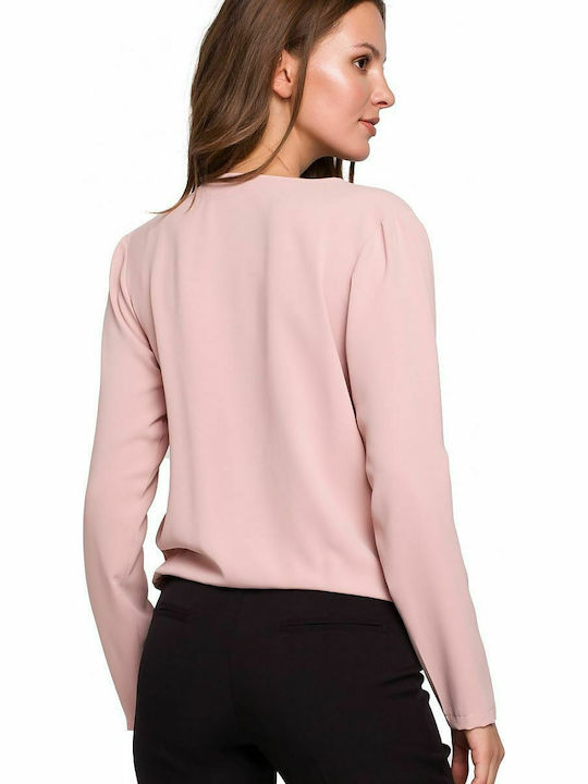 Makover K037 Women's Blouse Long Sleeve with V Neckline Pink