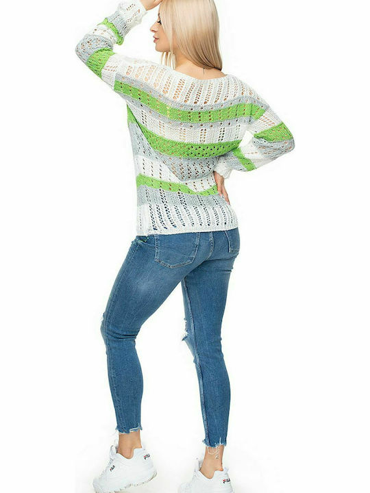 PeeKaBoo 30060 Women's Long Sleeve Sweater Striped Cream/Green 131614