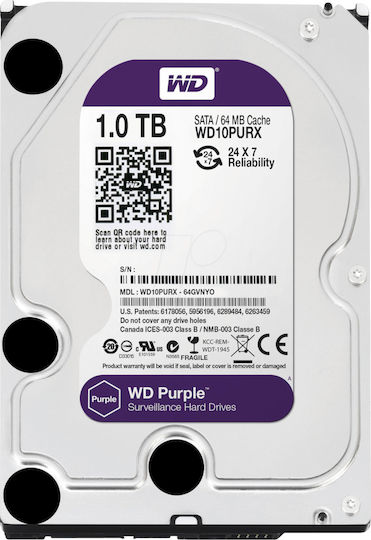 Western Digital Purple Surveillance 1TB HDD Σκληρός Δίσκος 3.5" SATA III 5400rpm με 64MB Cache για Καταγραφικό WD10PURX