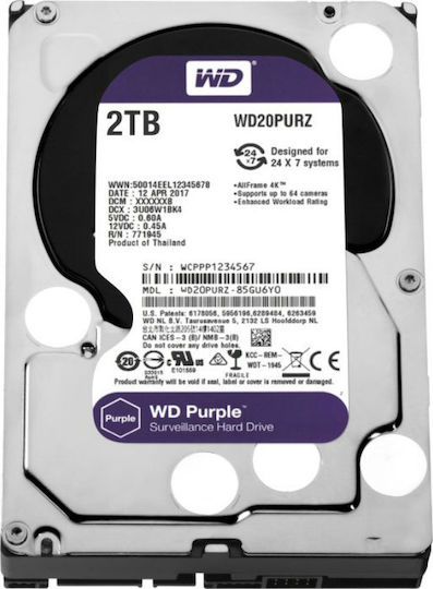 Western Digital Purple 2TB HDD Σκληρός Δίσκος 3.5" SATA III 5400rpm με 64MB Cache για Καταγραφικό WD20PURZ