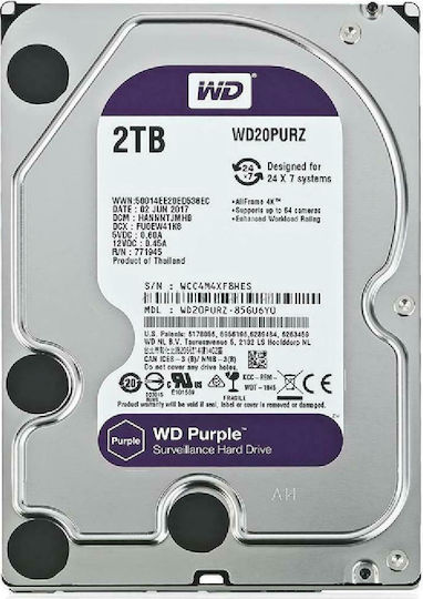 Western Digital Purple 2TB HDD Σκληρός Δίσκος 3.5" SATA III 5400rpm με 64MB Cache για Καταγραφικό WD20PURZ