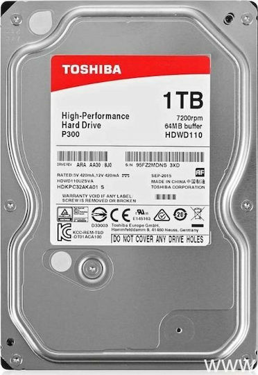 Toshiba P300 1TB HDD Σκληρός Δίσκος 3.5" SATA III 7200rpm με 64MB Cache για Desktop Bulk HDWD110UZSVA