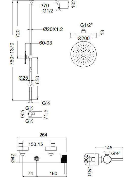 Armando Vicario Industrial Adjustable Shower Column with Bathtub Mixer 94-122cm Silver