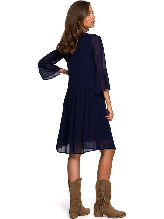 Stylove Evening Long Sleeve Midi Dress with V Neck Navy Blue S236