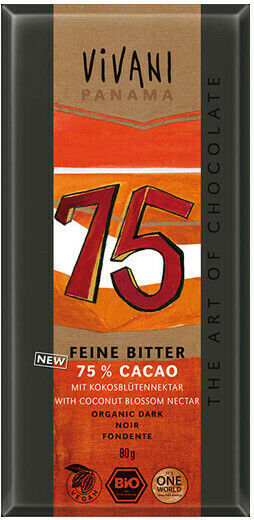 Vivani Fine Dark Organic Chocolate Dark Panama Cocoa & Coconut Sugar Vegan with 75% Cocoa 80gr