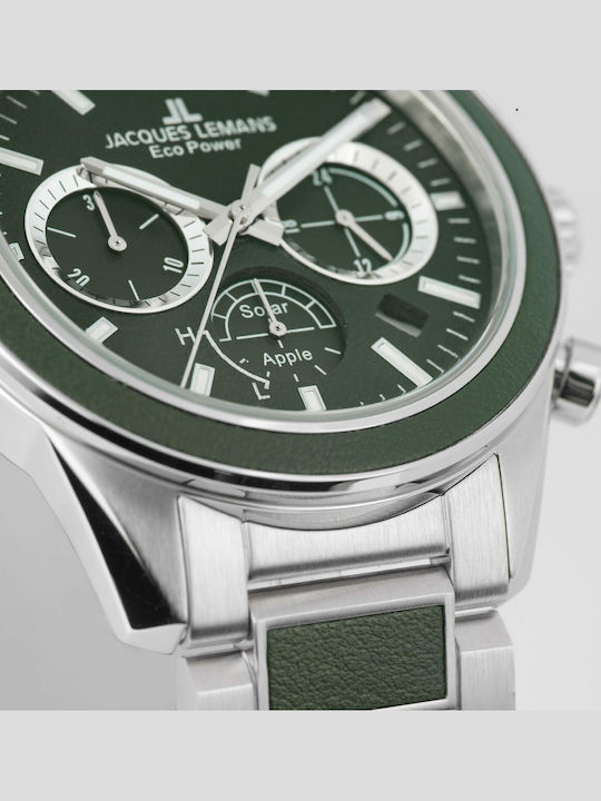 Jacques Lemans Eco Power Ανδρικό Ρολόι 44mm Χρονογράφος Solar με Ασημί Μεταλλικό Μπρασελέ