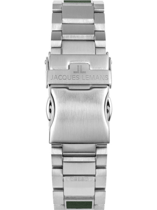 Jacques Lemans Eco Power Ανδρικό Ρολόι 44mm Χρονογράφος Solar με Ασημί Μεταλλικό Μπρασελέ