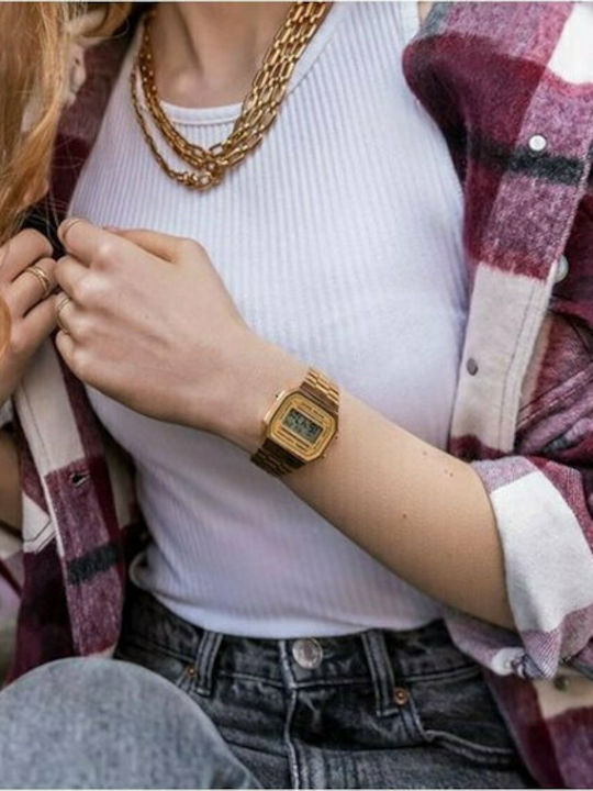 Casio Vintage Iconic Ψηφιακό Ανδρικό Ρολόι 36.3mm Χρονογράφος Μπαταρίας με Χρυσό Μεταλλικό Μπρασελέ