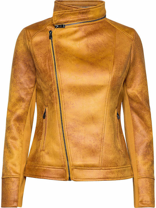 Sven Women's Short Biker Artificial Leather Jacket for Winter Yellow