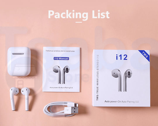 i12 Touch Earbud Bluetooth Handsfree Earphones with Charging Case White