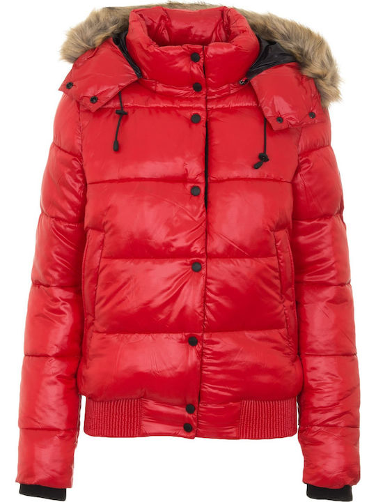 High Shine Toya Women's Short Puffer Jacket for Winter with Hood Red