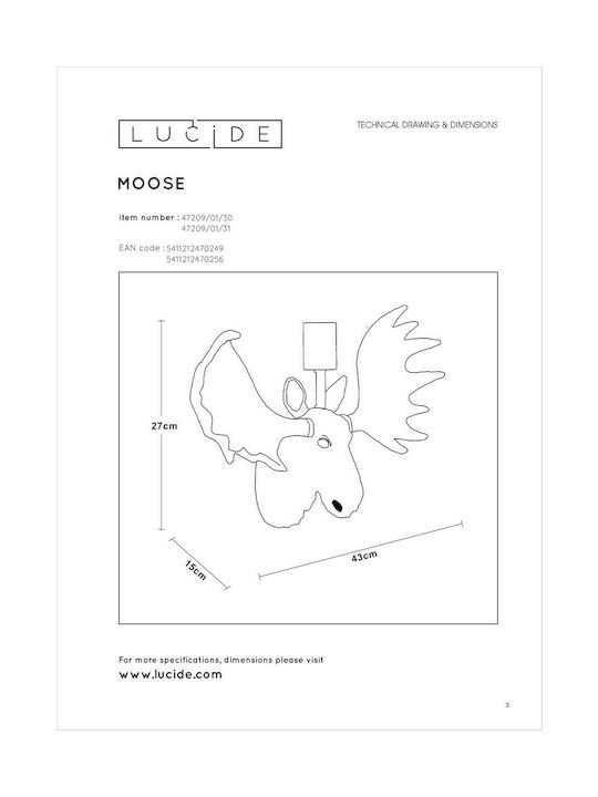 Lucide Lightning Moose Vintage Wall Lamp with E27 Socket Black 43cm