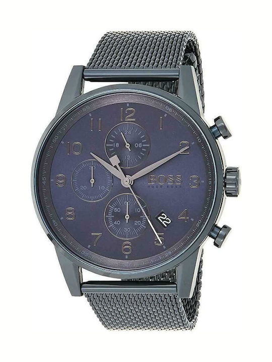 Boss Navigator Ανδρικό Ρολόι 43mm Χρονογράφος Μπαταρίας με Μπλε Μεταλλικό Μπρασελέ