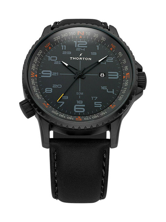 Thorton Kalf Ανδρικό Ρολόι 47mm Μπαταρίας με Μαύρο Δερμάτινο Λουράκι
