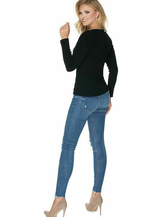 PeeKaBoo 0163 Women's Blouse Cotton Long Sleeve with V Neckline Black 134580