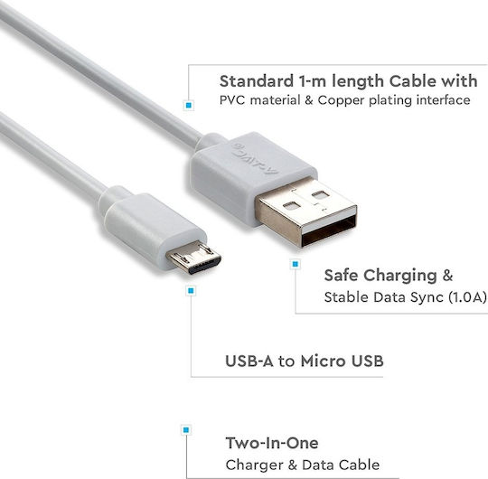 V-TAC Pearl Regulat USB 2.0 spre micro USB Cablu Alb 1m (8480) 1buc