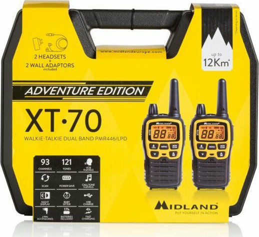 Midland XT70 Adventure Ασύρματος Πομποδέκτης PMR με Μονόχρωμη Οθόνη Σετ 2τμχ Σε Κίτρινο Χρώμα