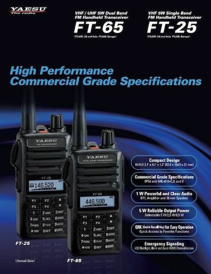 Yaesu FT-65E Wireless Transceiver UHF/VHF 5W with Monochrome Screen