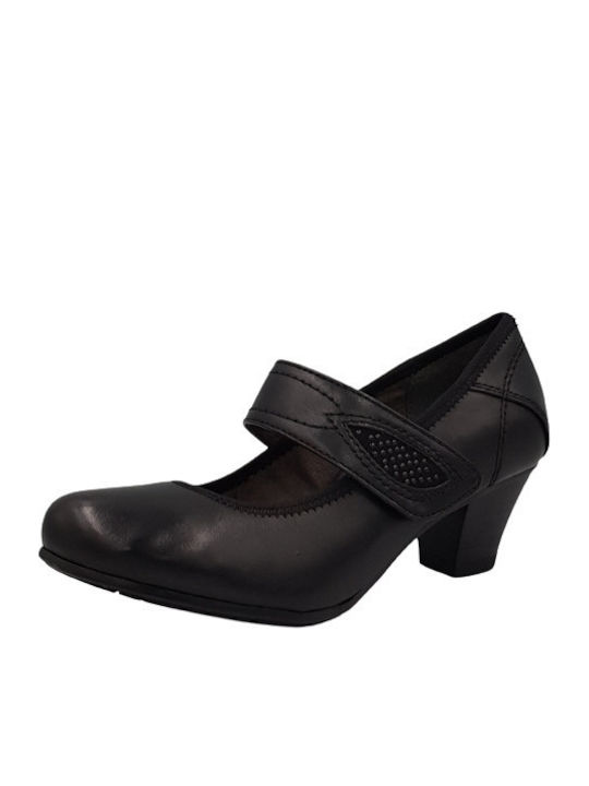 Jana Anatomic Leather Black Heels with Strap