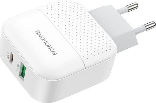 Borofone Încărcător cu Port USB-A și Port USB-C și Cablu USB-C - Lightning 18W Power Delivery / Quick Charge 2.0 / Quick Charge 3.0 Alb (BA46A)