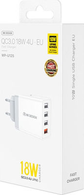 WK Charger Without Cable with 4 USB-A Ports 18W Quick Charge 3.0 Whites (WP-U125 Youpin)