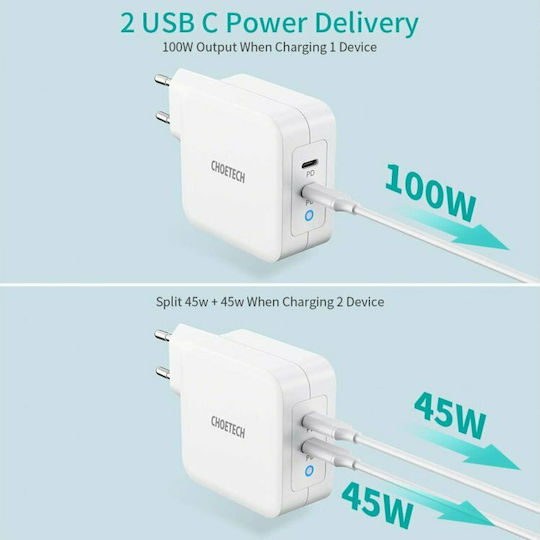 Choetech Charger Without Cable GaN with 2 USB-C Ports 100W Power Delivery Whites (PD6008)