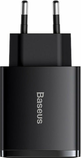 Baseus Зарядно без кабел с 2 USB-A порта и USB-C порт 30W Power Delivery Черен (Compact 2U+C)