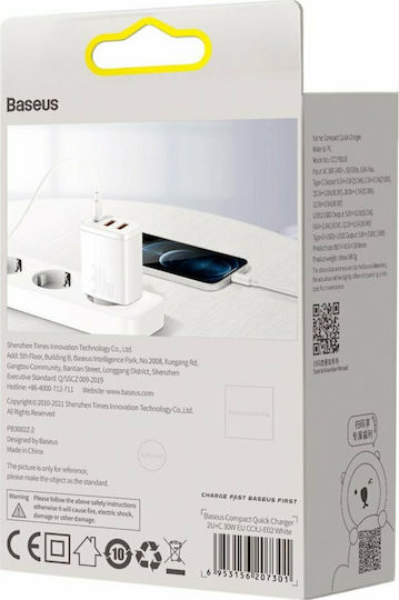 Baseus Φορτιστής Χωρίς Καλώδιο με 2 Θύρες USB-A και Θύρα USB-C 30W Power Delivery Λευκός (Compact 2U+C)