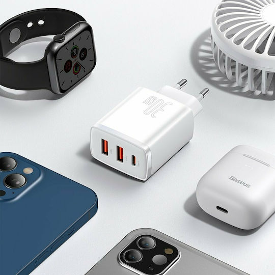 Baseus Φορτιστής Χωρίς Καλώδιο με 2 Θύρες USB-A και Θύρα USB-C 30W Power Delivery Λευκός (Compact 2U+C)