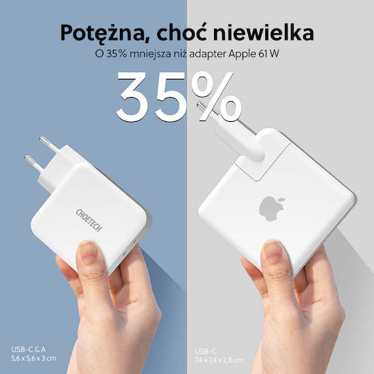 Choetech GaN Kabelloser Handyladegerät mit USB-A und USB-C Ausgangsanschlüssen Weiß (PD8002)